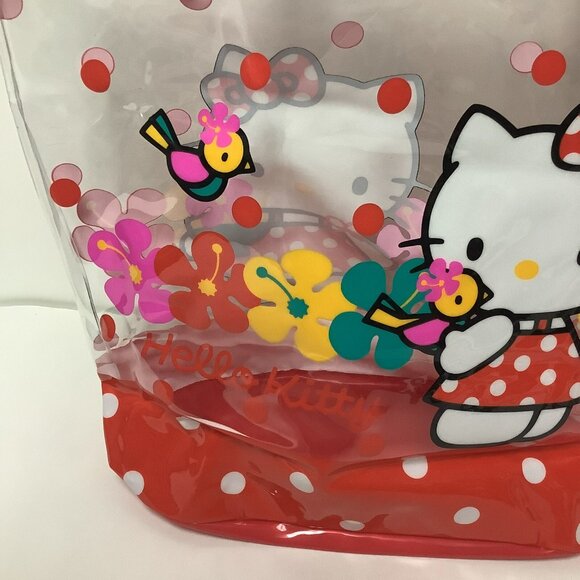 Vintage 1995 Hello Kitty Clear Plastic Tote Bag Red Dots Tropical Flowers Birds - Picture 3 of 16